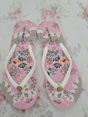Tory Burch Pink Floral Flip Flop Sandals with White Straps